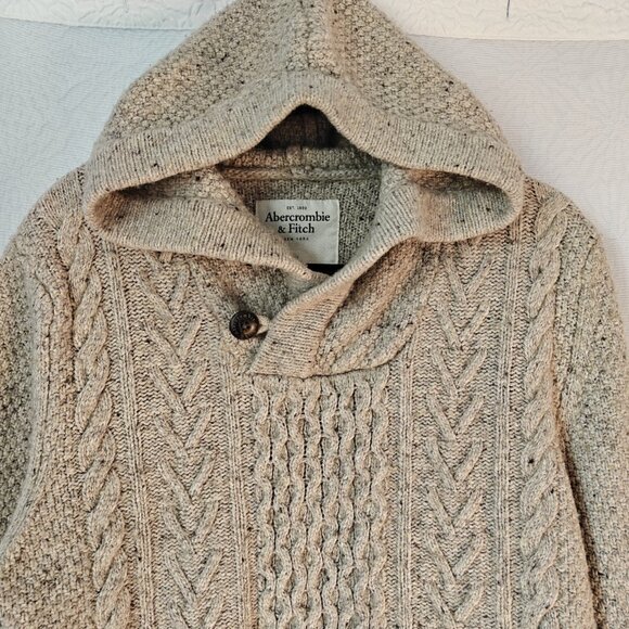 ABERCROMBIE & FITCH Hooded Cable-knit Wool-blend Sweater Oatmeal Preppy Size XL - Picture 3 of 10